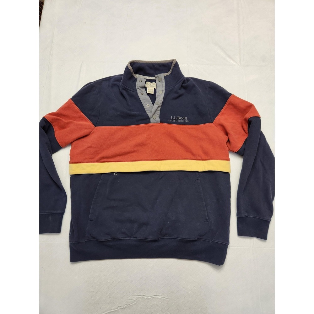 L.L.Bean Sweatshirt Mens Large Blue Snap Mock Neck Fleece Colorblock Pullover